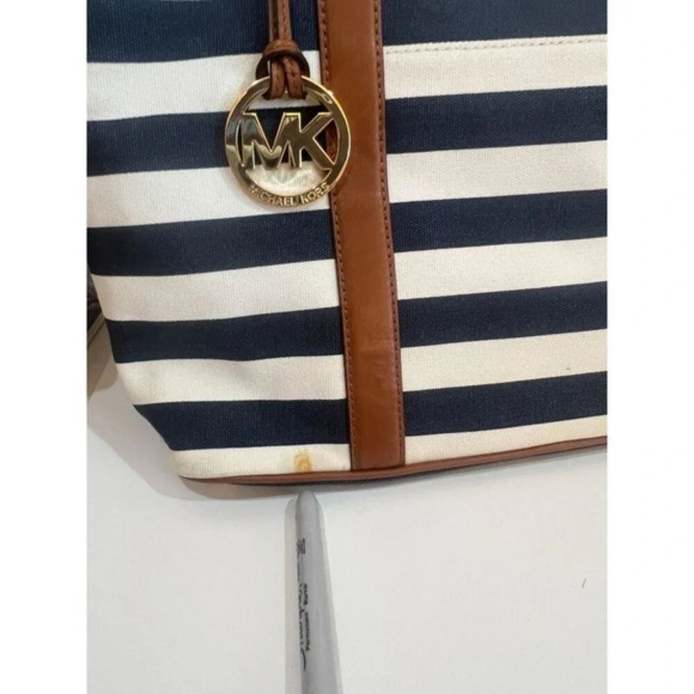 Michael Kors Shoulder Bag Tote Purse Striped Navy White Tan Leather Nautical - Picture 10 of 11